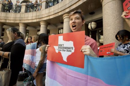 Protesters rally in favor of transgender rights at the Texas Capitol, on July 21, 2017.