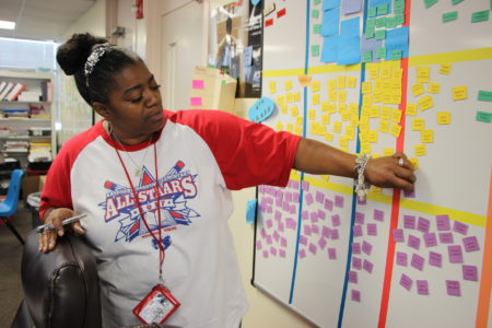 Shundra Mosley is the instructional specialist at Kashmere Gardens Elementary. In the school's "war room," they use a data board to see how students are doing in different subjects.