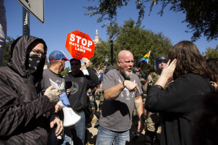 White Lives Matter protesters confront Smash Fascism Austin counter-protesters during the unveiling of the Texas African-American History Memorial on Capitol grounds last November.