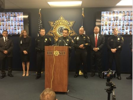 Harris County Sheriff Ed Gonzales speaks at a press conference about a joint operation with the HPD against sex trafficking.