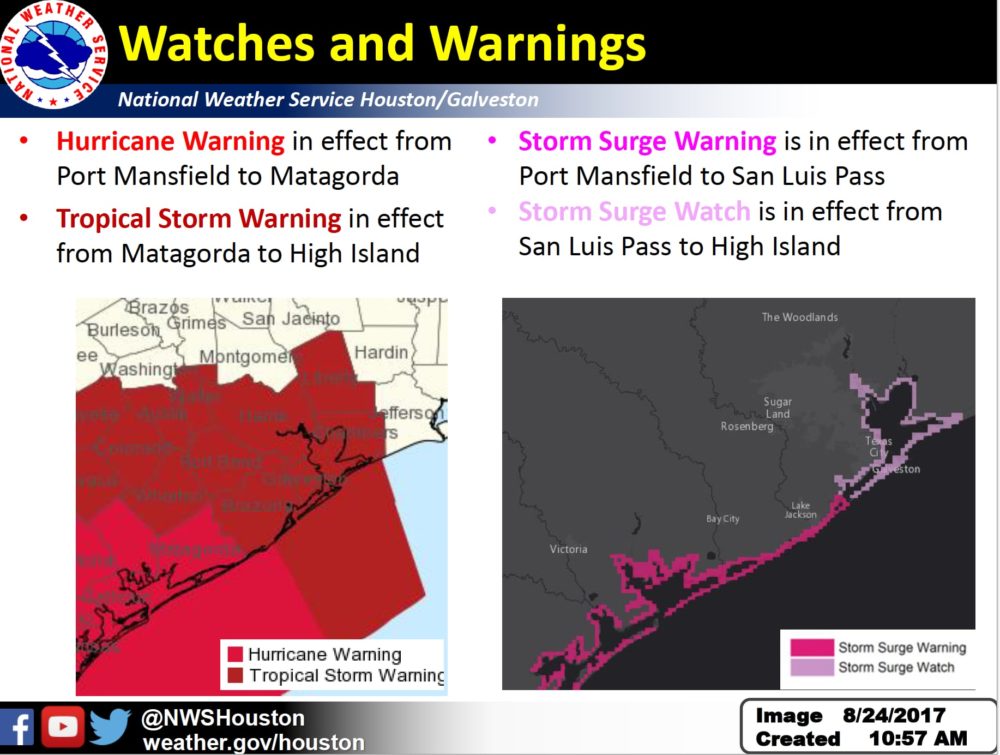 Two graphics visualize the forecast for Harvey's impact on Texas coastal areas, on August 24th, 2017.