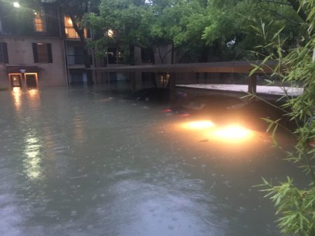 Flooded apartment complex.