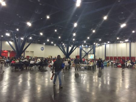 What the Red Cross affectionately calls the "lounge" at the convention center turned shelter. Adults and kids can watch separate TV screens, in Houston, on Aug. 28, 2017