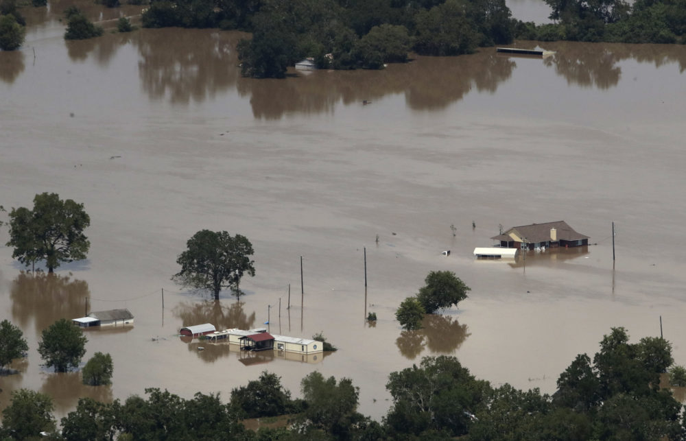 Homes are surrounded by water from the flooded Colorado River in the aftermath of Hurricane Harvey Friday, Sept. 1, 2017, near Wharton, Texas.