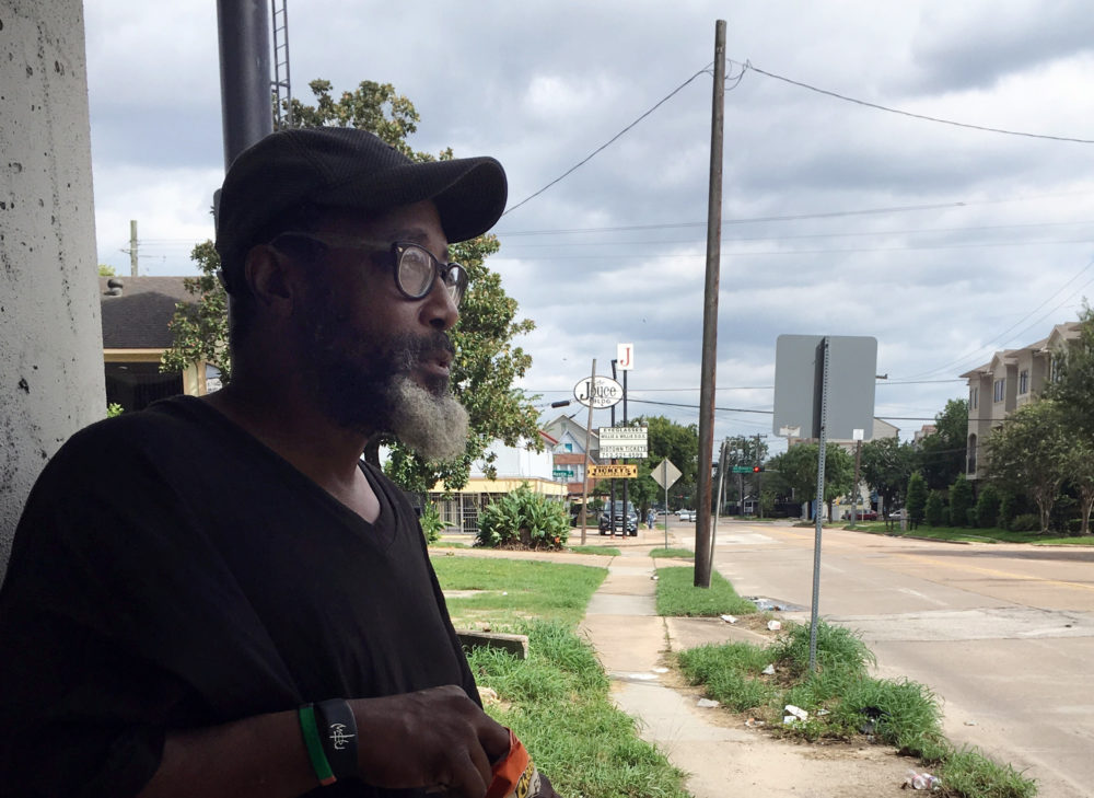 This Wednesday, Aug. 30, 2017, photo shows Stanley Unc, who lives in a tent camp beneath an overpass for Interstate 59, in Houston. He said others can't grasp what their lives are like each day, much less on a day when a Category 4 hurricane hits. 
