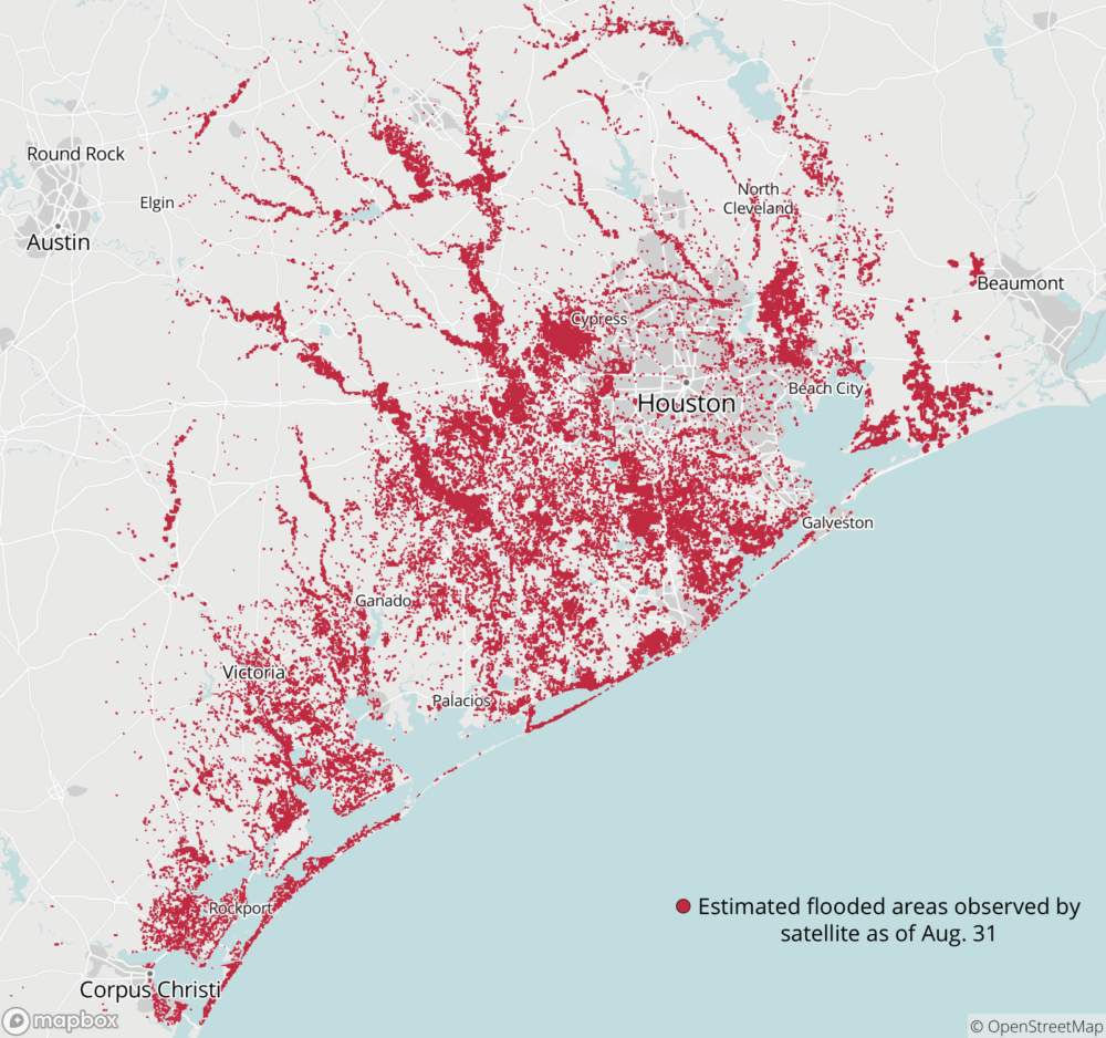 Preliminary flood data collected by the Dartmouth Flood Observatory using satellite imagery shows the extent of flood water across Southeast Texas. Because cloud cover can limit the availability of data, this represents the minimum likely extent of the flood water.