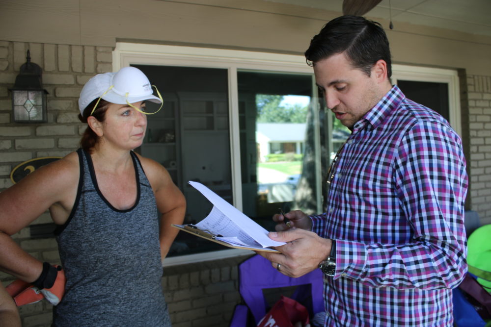 Sam Craven meets with homeowner Monica Augusta, to calculate how much it would cost to fix damages from Harvey, and how much his business can offer her for the house.