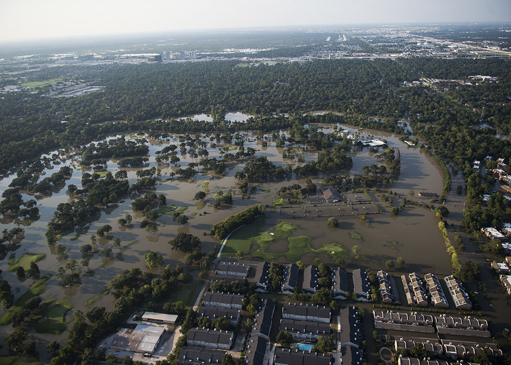 An aerial view of the flooding caused by Hurricane Harvey in Houston, Texas, Aug. 31, 2017. Hurricane Harvey formed in the Gulf of Mexico and made landfall in southeastern Texas, bringing record flooding and destruction to the region. U.S. military assets supported FEMA as well as state and local authorities in rescue and relief efforts.