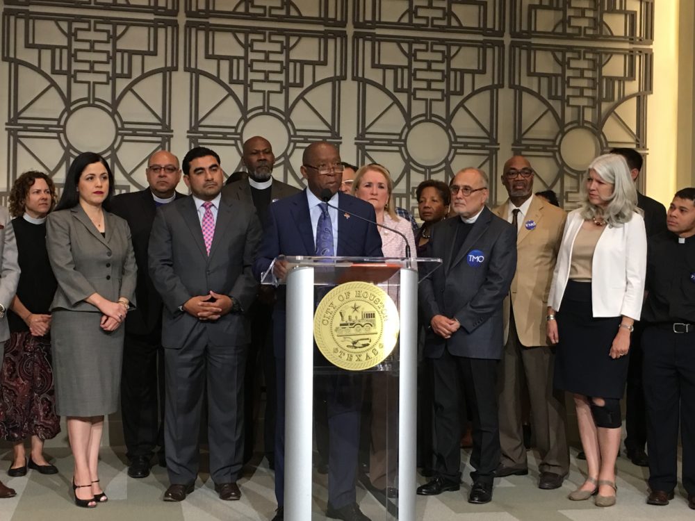 Houston Mayor Sylvester Turner speaks during a press conference held at City Hall on September 14th 2017. He asked local landlords and management companies to grant a one month grace period to tenants who were impacted by hurricane Harvey and are having a hard time paying their rent.