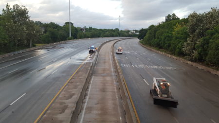 TxDOT crews inspect I-45 north of downtown Houston shortly after Harvey's floodwaters recede.