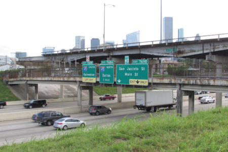 Traffic on I-10 flows under the Elysian Viaduct east of downtown Houston.