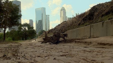 Debris and sediment covered Buffalo Bayou Park after the flood waters receded.