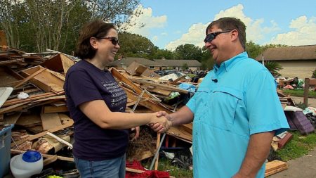 Current house owner Jennifer Hunt meets former house owner Mike Babin for the first time, after a hidden message from Babin was found during Harvey renovations.