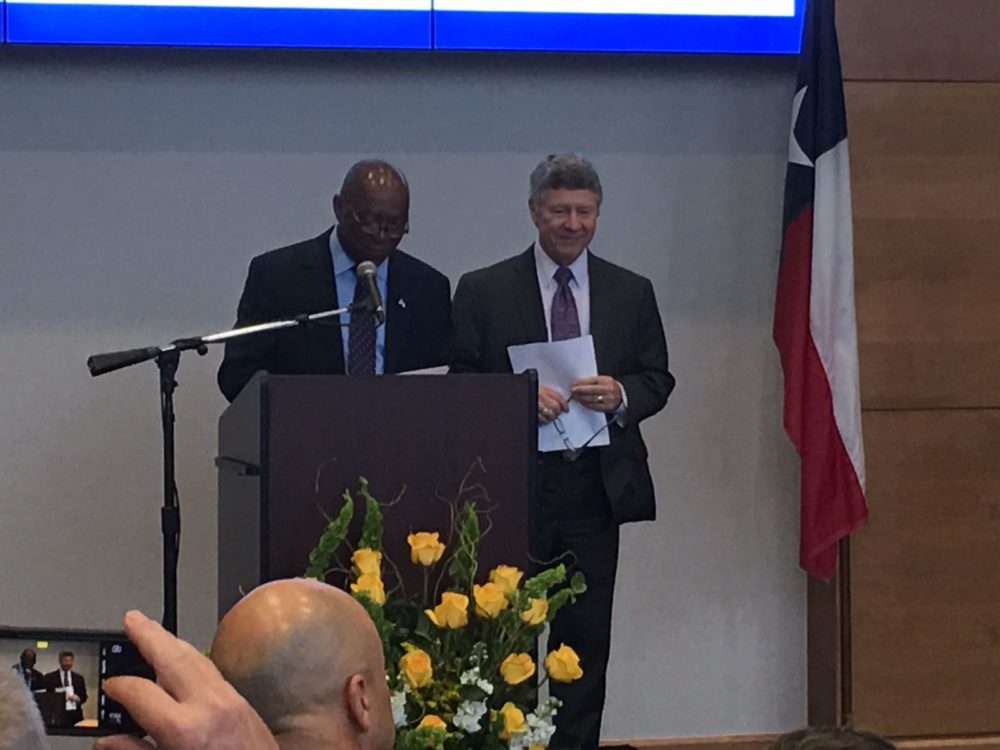 Houston Mayor Sylvester Turner (left) and Harris County Judge Ed Emmett (right), who in this file photo appear at a press event held in October 2017 to announce the first round of grants from the Hurricane Harvey Relief Fund, announced the fourth round of grants on Thursday March 15, 2018.