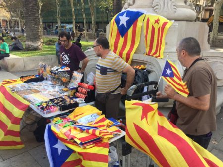 Catalan flags & merchandise for sale in central Barcelona ahead of possible announcement on Catalan independence.