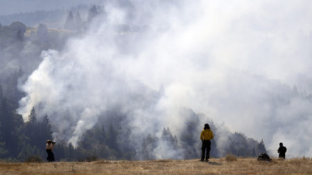 A firefighter, center, and two onlookers watch a smoldering wildfire from a hilltop, on Sunday, in Oakville, Calif.