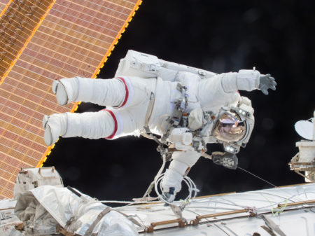 Scott Kelly is seen floating during a spacewalk in 2015.