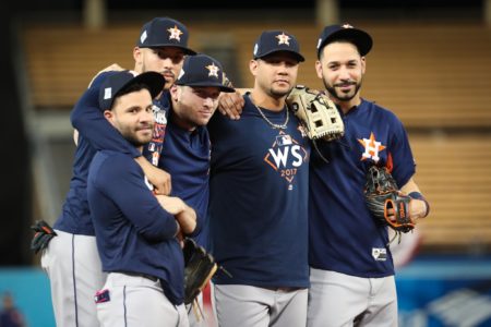 Houston Astros defeat the New York Yankees 4-0 to advance to the World Series for the second time in franchise history. From left to right, Jose Altuve, Carlos Correa, Alex Bregman, Yulieski Gurriel, and Marwin Gonzalez.