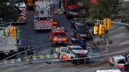 A motorist drove onto a busy bicycle path near the World Trade Center memorial and struck several people on Tuesday police and witnesses said.