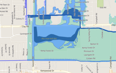 Maps from the Harris County Flood Control District show the proposed municipal utility district covered almost entirely in floodplains.
