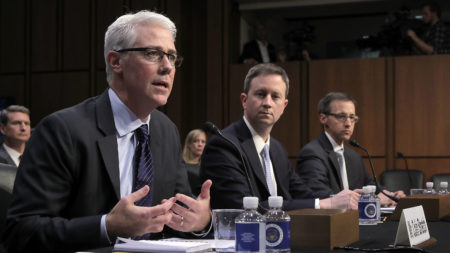 Left to right: Facebook General Counsel Colin Stretch, Twitter Acting General Counsel Sean Edgett, and Google Law Enforcement and Information Security Director Richard Salgado testify before the Senate Judiciary Committee's Crime and Terrorism Subcommittee on Tuesday, October 31, 2017.