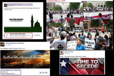 Screenshots released by federal lawmakers of Russian-linked Facebook pages promoting anti-Muslim and pro-Muslim rallies on the same day in 2016 in Houston.