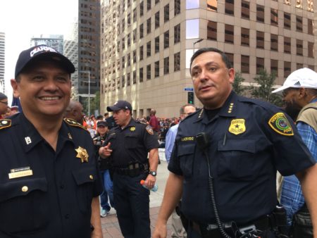 Harris County Sheriff Ed Gonzalez and Houston Police Chief Art Acevedo at the Astros championship parade.