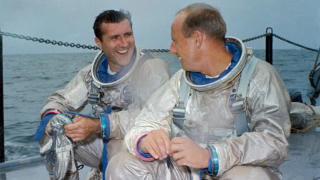 In 1966, astronauts Dick Gordon (left) and Charles "Pete" Conrad trained for Gemini 11 in the Gulf of Mexico aboard the NASA Motor Vessel Retriever.