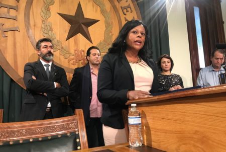 State Rep. Nicole Collier, D-Fort Worth, discusses ways to control gun violence at a press conference at the Capitol on Wednesday, Nov. 8, 2017. Behind her, left to right: state Reps. Ramon Romero Jr., D-Fort Worth, Poncho Nevárez, D-Fort Worth, and Gina Hinojosa, D-Austin.