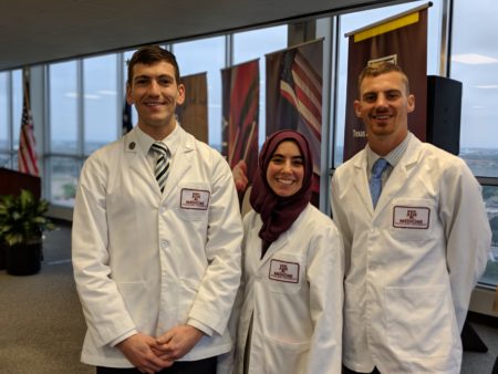 Kenneth Livingston, Lamees El Nihum, and Cannon Woodbury are medical students with Texas A&M. The three are piloting classes for the new EnHealth Program.