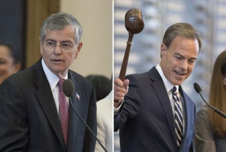 (Left) House Speaker Tom Craddick at the House dais on May 25, 2007. (Right) House Speaker Joe Straus adjourns the House sine die on the final day of the special session of the 85th Legislature on Aug. 15, 2017.