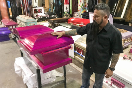 A casket is painted shiny pink for a little girl who died in Sunday's massacre in Sutherland Springs, Texas.