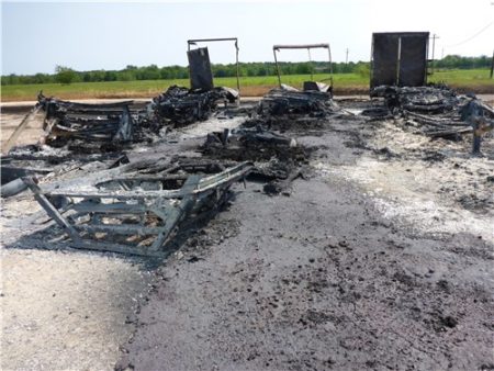Burned-out trailers sit at the Arkema chemical plant in Crosby, Texas, after Harvey flooded the plant and caused organic peroxides stored in the trailers to catch fire.