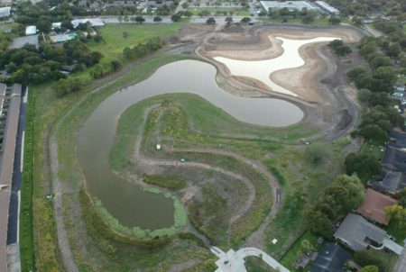 An aerial view of Exploration Green's first detention pond.