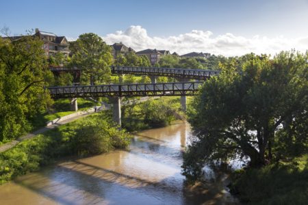 New pedestrian bridges provide more frequent crossing opportunities in Buffalo Bayou Park.