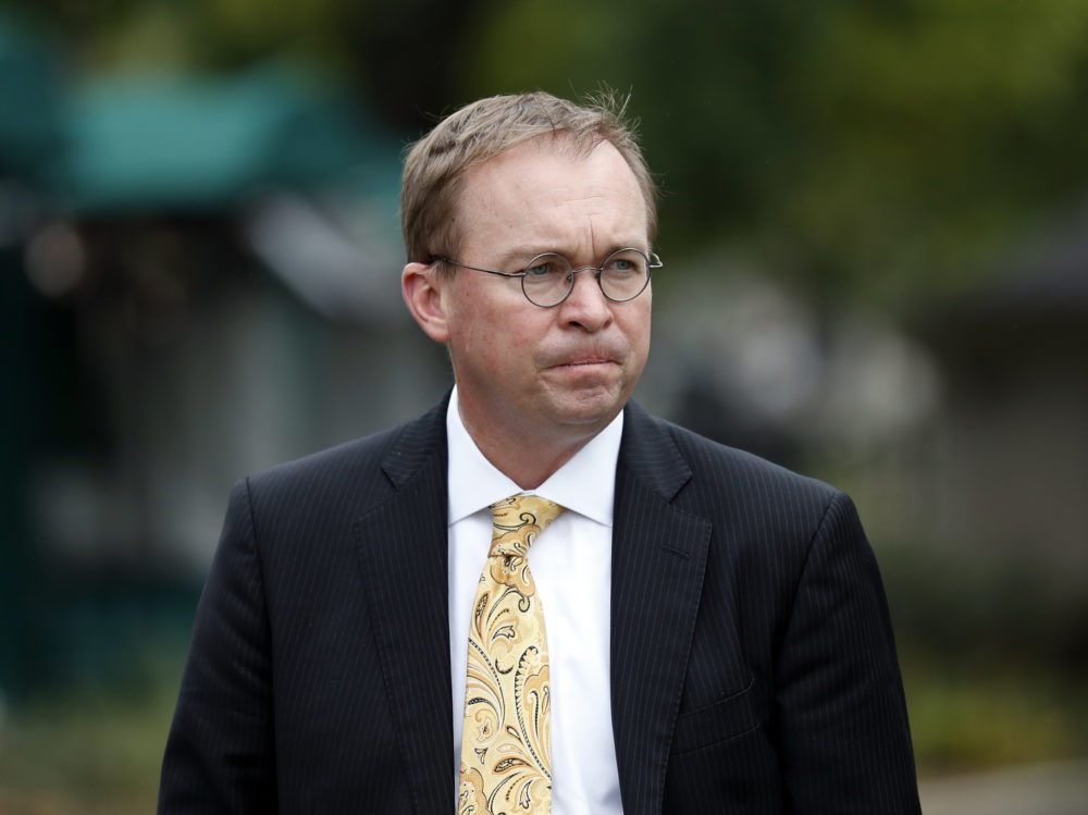 Director of the Office of Management and Budget Mick Mulvaney departs after a television interview at the White House in September.
