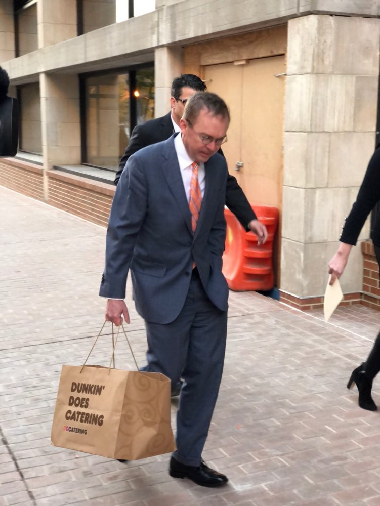 Budget director Mick Mulvaney arrived at the CFPB on Monday morning, donuts in hand.