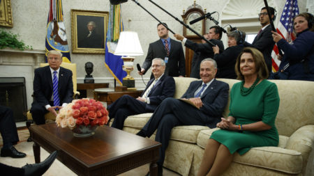 In this image from September 2017, Senate Minority Leader Chuck Schumer, D-N.Y., and House Minority Leader Nancy Pelosi, D-Calif., along with  Senate Majority Leader Mitch McConnell, R-Ky., are shown at an Oval Office meeting with President Trump.