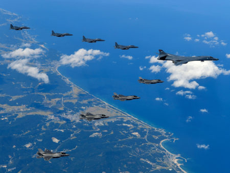 A U.S. Air Force B-1B "Lancer" bomber flying with F-35B fighter jets and South Korean Air Force F-15K fighter jets during a training at the Pilsung Firing Range in South Korea in September.