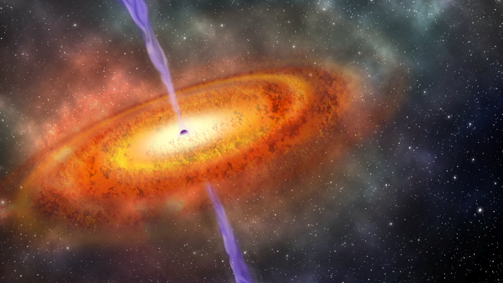 An artist's conception of the most-distant supermassive black hole ever discovered, which is part of a quasar from just 690 million years after the Big Bang.
