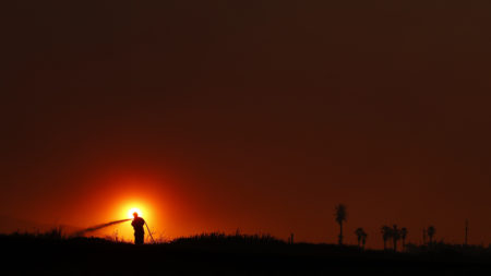 Firefighter Dan Whelan is silhouetted against the sun as he battles a wildfire burning near Faria State Beach in Ventura, Calif., on Thursday.