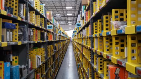 Aisles at the Amazon warehouse in northwest Houston.