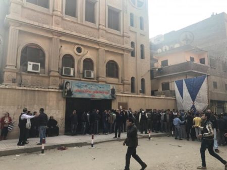 The attack outside the Coptic Church of Mar Mina left at least one policeman dead and five others wounded, including two critically.