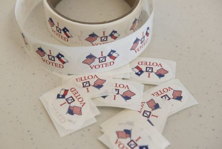 The popular "I Voted" stickers at a South Texas early voting location on Oct. 26, 2016.