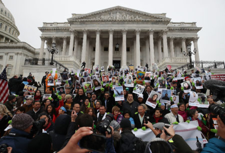 People who call themselves DREAMers protest in front of the Senate side of the U.S. Capitol to urge Congress in passing a legislative fix for the Deferred Action for Childhood Arrivals (DACA) program, on December 6, 2017, in Washington, D.C.