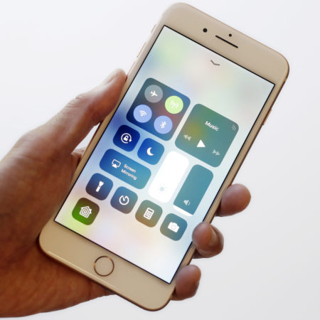 The iOS 11 control center is displayed on the iPhone 8 Plus in New York in September. Apple says its iOS devices are among those affected by the Meltdown vulnerability.