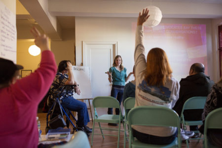 Katy Park, who runs arts and wellness programs for Momentum — a community service program for people with intellectual disabilities — starts a class on healthy sexuality by asking her students to define what they want in a relationship.