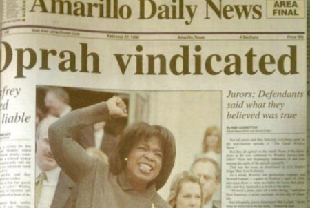 Media mogul Oprah Winfrey on the front page of the Amarillo Daily News on Feb. 27, 1998, the day after a jury voted unanimously in her favor in a "veggie libel" lawsuit filed against her by the beef industry.