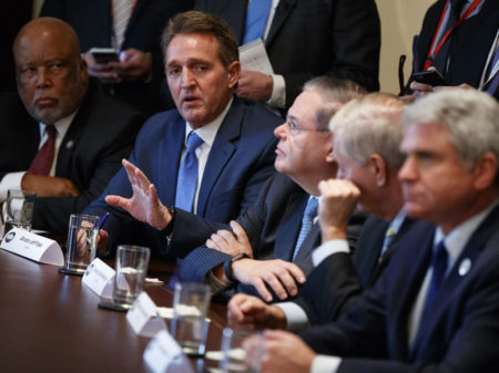 Sen. Jeff Flake, R-Ariz., speaks during a meeting with President Donald Trump and lawmakers on immigration policy Tuesday.