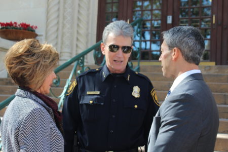 City Manager Sheryl Sculley, from left, San Antonio Police Chief Willam McManus and Mayor Ron Nirenberg spoke during a Human Trafficking Awareness Day new conference at City Hall on Thursday.